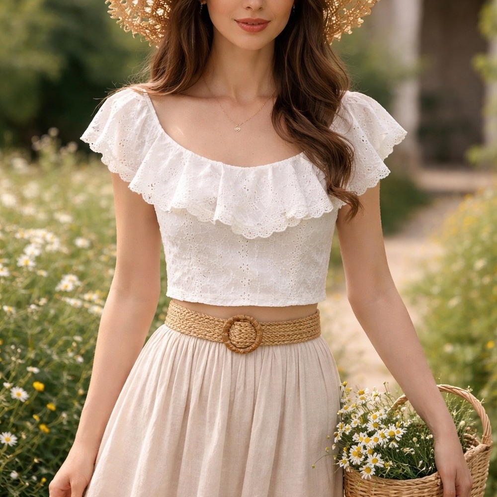 Women's Ruffle Eyelet Scoop Neck Chic Cropped Romantic Cottage Top White Size M